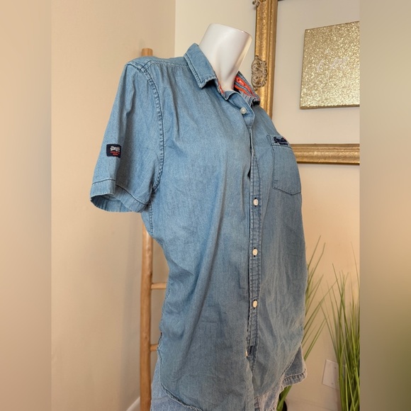 Superdry mens denim Chambray button up shirt L Regular Fit blue short sleeve - Picture 6 of 7
